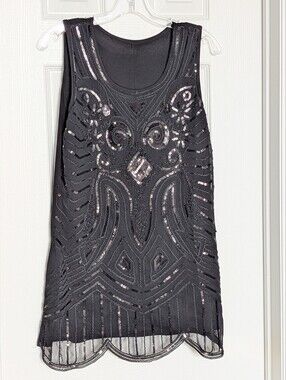 Women's (Size M) Black Sleeveless Sequin & Beaded Mini Dress or Tunic Top